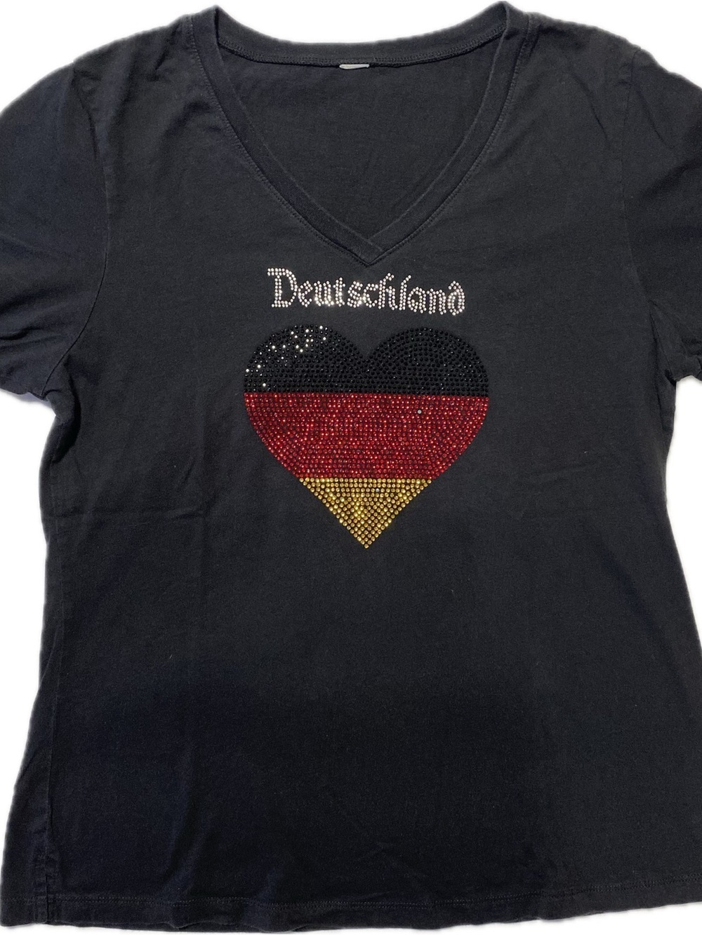 Black V-Neck Tee with Rhinestone German Flag Heart